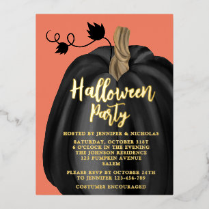Cute Orange Gold Pumpkin Halloween Party Foil Invitation Postcard