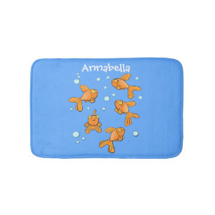 Cute orange goldfish on blue cartoon illustration bath mat