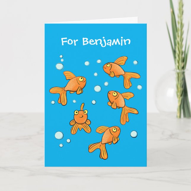 Cute orange goldfish on blue cartoon illustration card (Front)