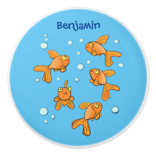 Cute orange goldfish on blue cartoon illustration ceramic knob