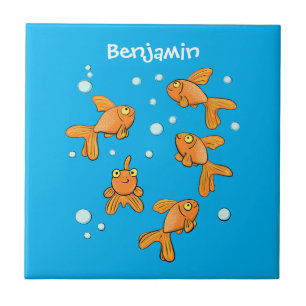 Cute orange goldfish on blue cartoon illustration ceramic tile