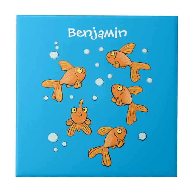 Cute orange goldfish on blue cartoon illustration ceramic tile (Front)