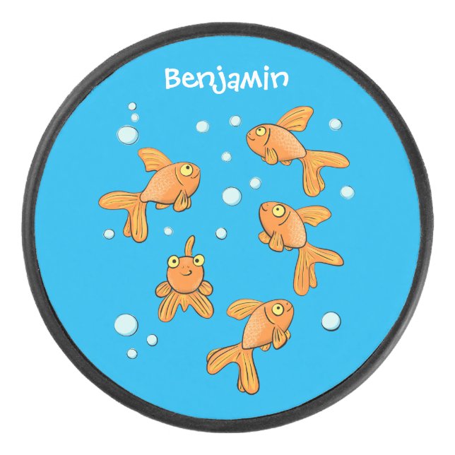 Cute orange goldfish on blue cartoon illustration hockey puck (Front)