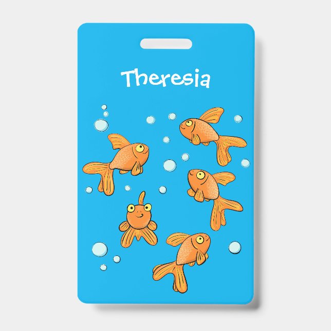 Cute orange goldfish on blue cartoon illustration ID badge (Front)