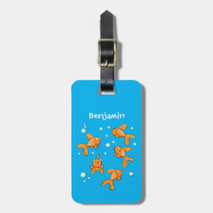 Cute orange goldfish on blue cartoon illustration luggage tag