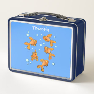 Cute orange goldfish on blue cartoon illustration metal lunch box