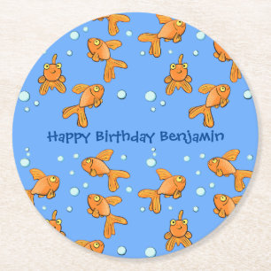 Cute orange goldfish on blue cartoon illustration round paper coaster
