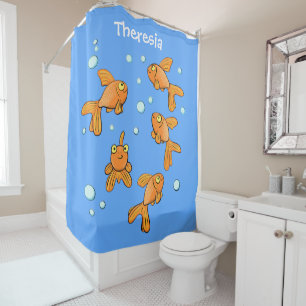 Cute orange goldfish on blue cartoon illustration shower curtain