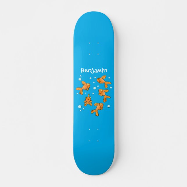 Cute orange goldfish on blue cartoon illustration skateboard (Front)