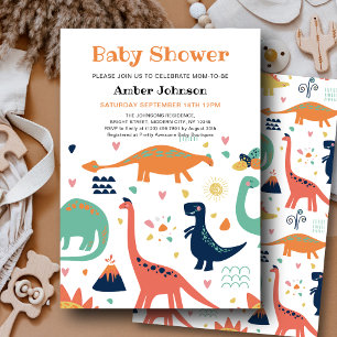 Cute Orange Green Baby Dinosaur Boy Baby Shower Invitation