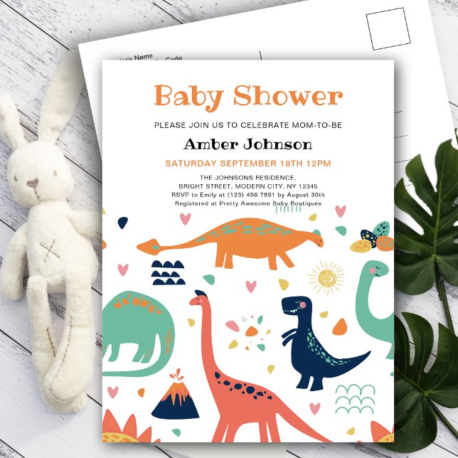 Cute Orange Green Baby Dinosaur Boy Baby Shower Invitation Postcard (Creator Uploaded)