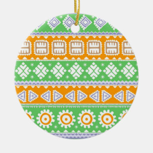 Cute orange green ethnic patterns design ceramic ornament