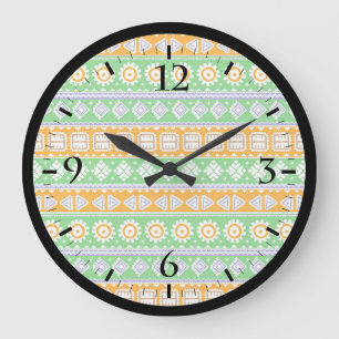 Cute orange green ethnic patterns design large clock
