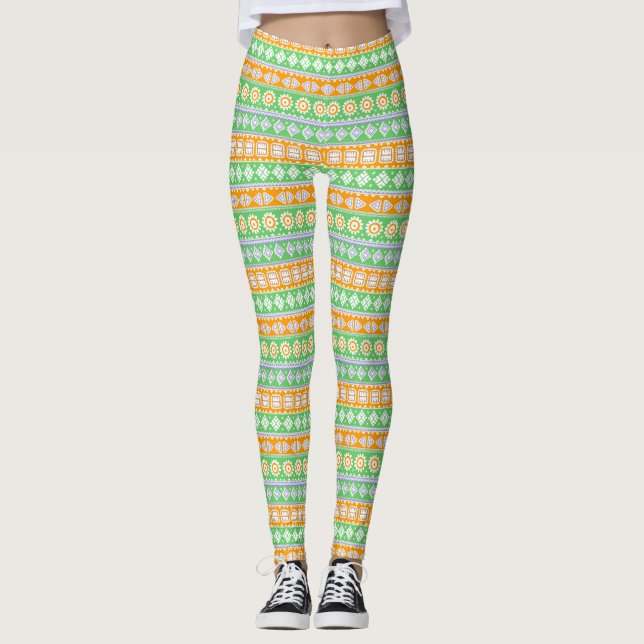 Cute orange green ethnic patterns design leggings (Front)