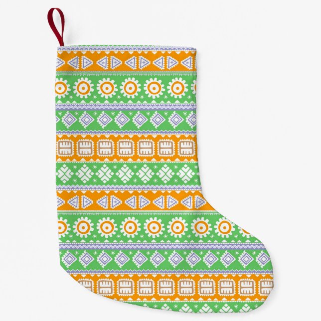 Cute orange green ethnic patterns design small christmas stocking (Front)