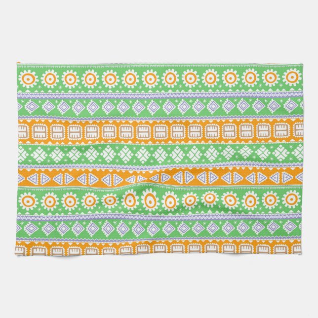 Cute orange green ethnic patterns design tea towel (Horizontal)