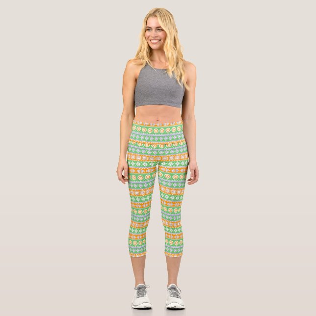 Cute orange green ethnic patterns design Two-Tone  Capri Leggings (Front)