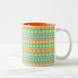 Cute orange green ethnic patterns design Two-Tone coffee mug