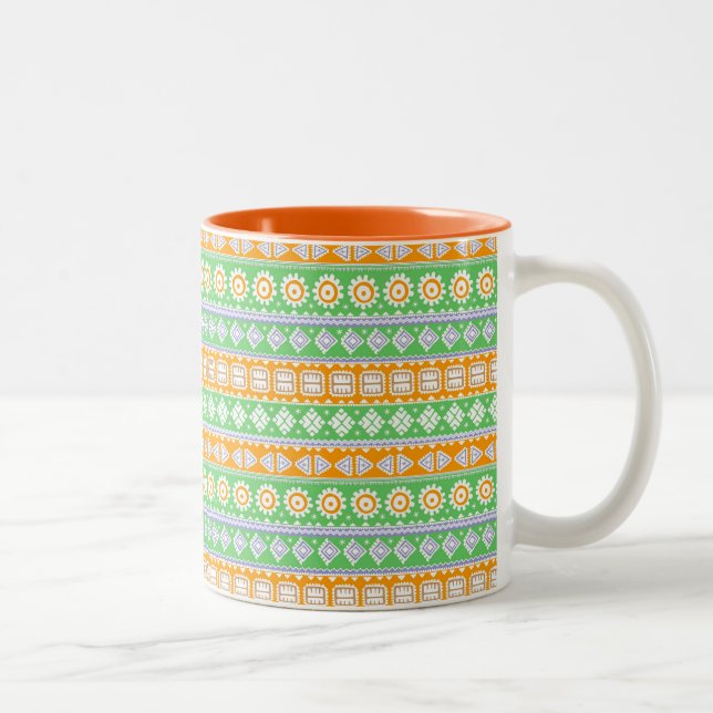 Cute orange green ethnic patterns design Two-Tone coffee mug (Right)