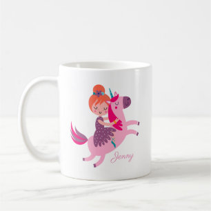 Cute Orange Haired Girl Riding on a Unicorn Coffee Mug