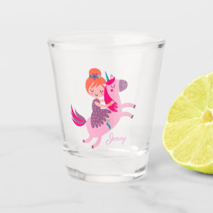 Cute Orange Haired Girl Riding on a Unicorn Shot Glass