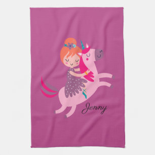 Cute Orange Haired Girl Riding on a Unicorn Tea Towel