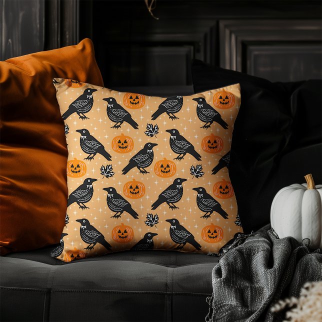 Cute Orange Halloween Crow Pumpkin Pattern  Cushion (Creator Uploaded)
