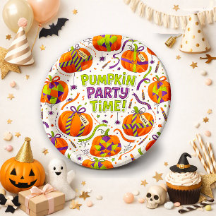 Cute Orange Halloween Pumpkin Party Time Pattern Paper Plate