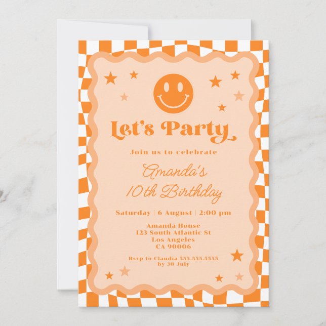 Cute Orange Happy Face Chequered Girl Birthday Invitation (Front)