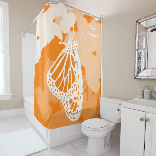 Cute Orange Hello Gorgeous Monarch Butterfly Shower Curtain (In Situ)