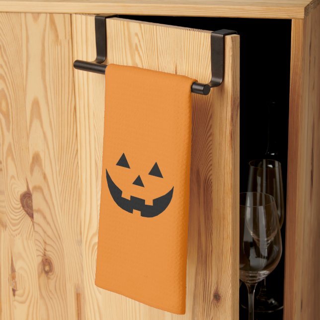 Cute orange jack o lantern pumpkin face Halloween Tea Towel (Thirds Fold)