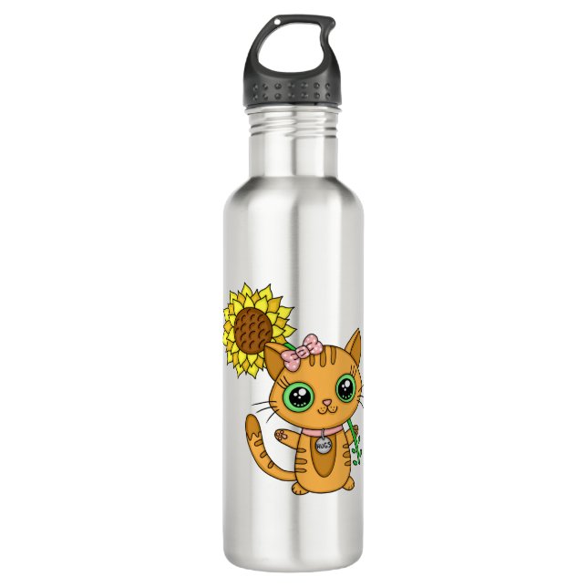 Cute Orange Kawaii Cat with Sunflower 710 Ml Water Bottle (Front)