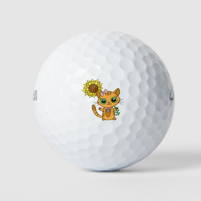 Cute Orange Kawaii Cat with Sunflower Golf Balls (Front)