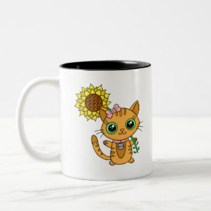 Cute Orange Kawaii Cat with Sunflower Two-Tone Coffee Mug