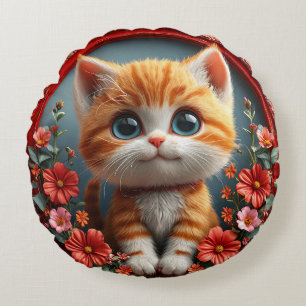 Cute Orange Kitten Framed With Decorative Flowers Round Cushion