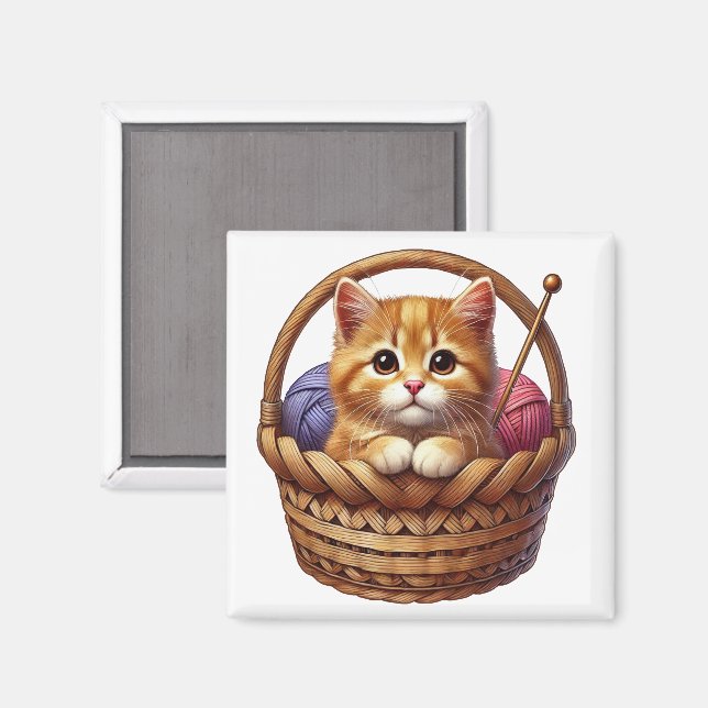 Cute Orange Kitten in Basket With Yarn Magnet (Front/Back)