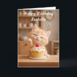 Cute Orange Kitten with a Cupcake Card<br><div class="desc">A cute orange tabby kitten smiles happily behind a frosted cupcake with a cherry on top.</div>