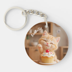 Cute Orange Kitten with a Cupcake Key Ring
