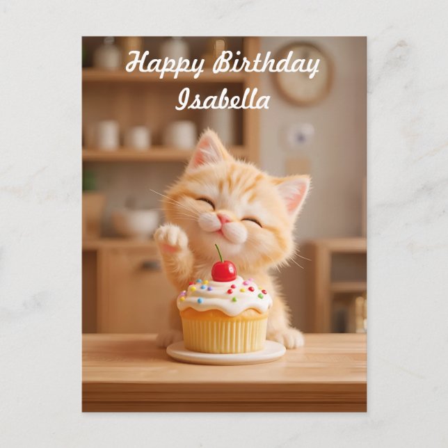 Cute Orange Kitten with a Cupcake Postcard (Front)