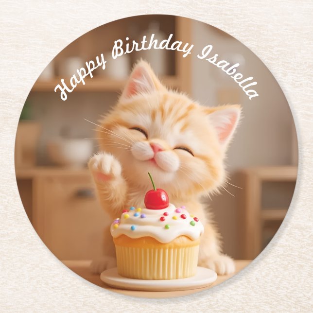 Cute Orange Kitten with a Cupcake Round Paper Coaster (Front)