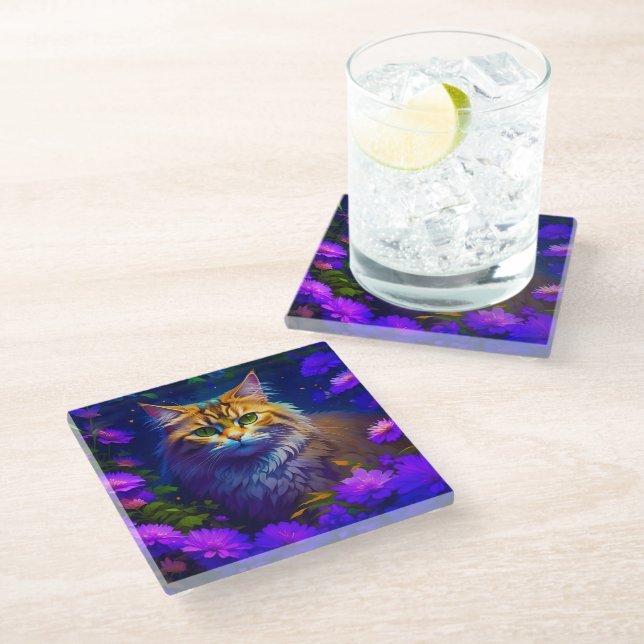 Cute Orange Kitty Cat in Flowers Glass Coaster (Angled)