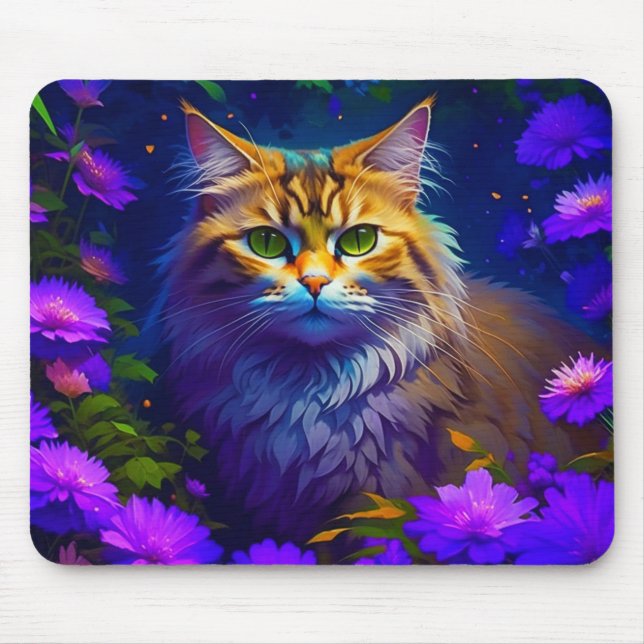 Cute Orange Kitty Cat in Flowers Mouse Pad (Front)