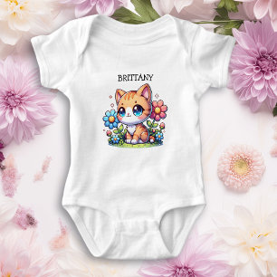 Cute  Orange Kitty Cat in Flowers Personalised Baby Bodysuit