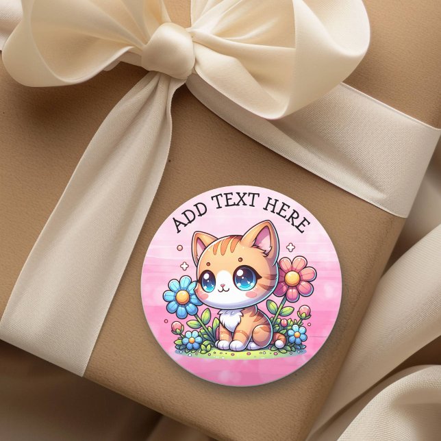 Cute  Orange Kitty Cat in Flowers Personalised Classic Round Sticker (Creator Uploaded)