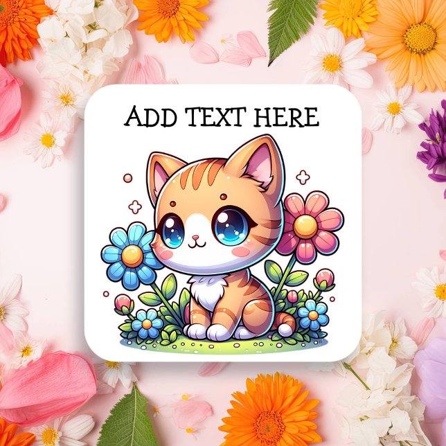 Cute  Orange Kitty Cat in Flowers Personalised Square Sticker (Creator Uploaded)