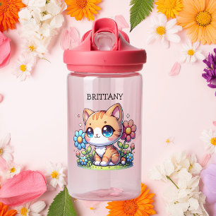 Cute  Orange Kitty Cat in Flowers Personalised Water Bottle
