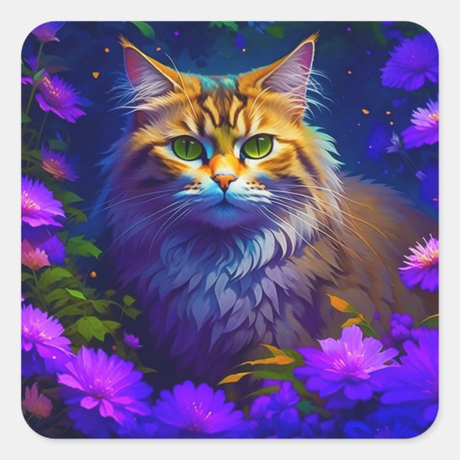 Cute Orange Kitty Cat in Flowers Square Sticker (Front)