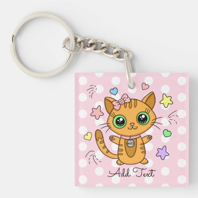 Cute Orange Kitty Cat pink Polka Dot Key Ring (Front)