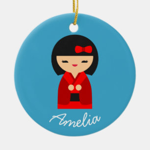 Cute orange Kokeshi Japanese dolls Ceramic Ornament