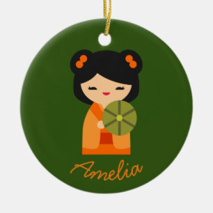 Cute orange Kokeshi Japanese dolls Ceramic Ornament